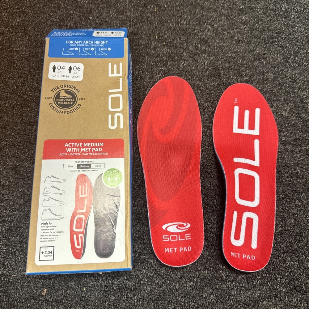 SOLE Active Medium w/ Met Pad Insoles, Men's Size 4 Women 6, Full Size New